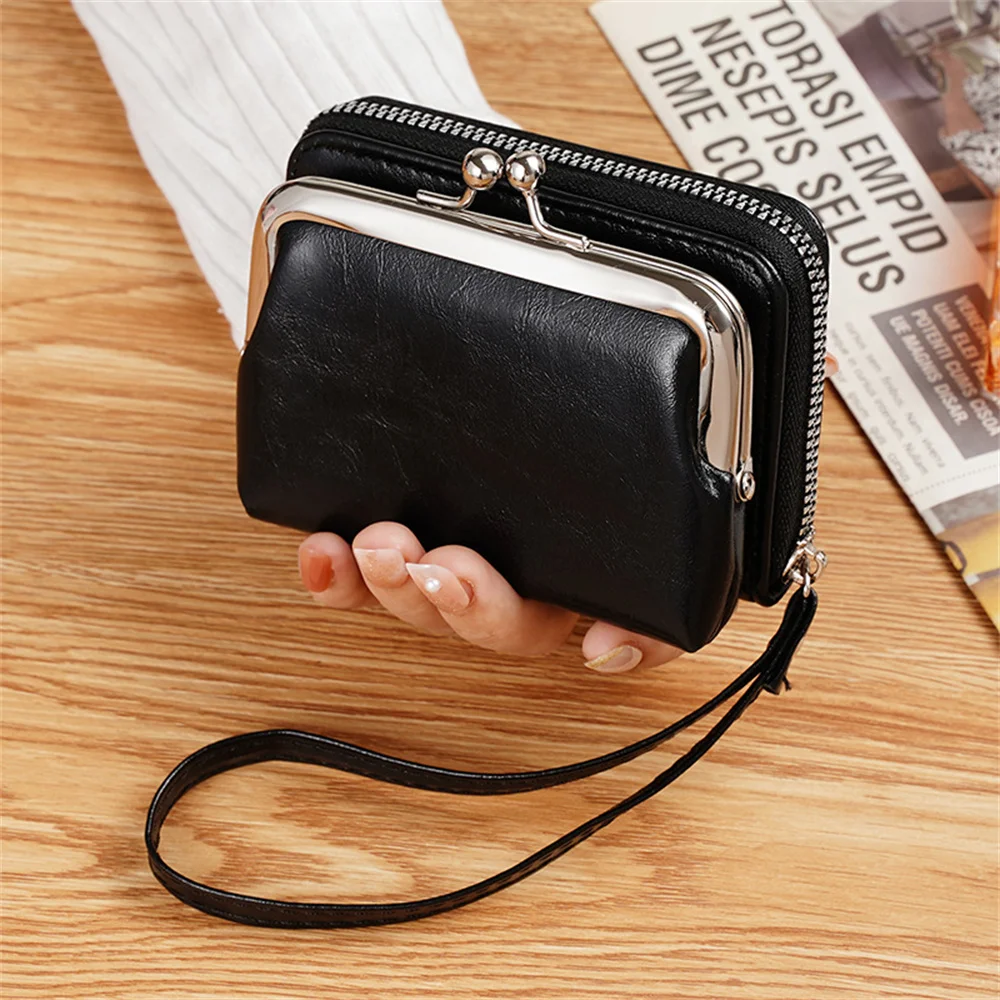 Women's Buckle Wallet Fashion Wrist Strap Short Coin Purse Retro Card Bags Large Capacity Multi Card Pocket Ladies Money Clip