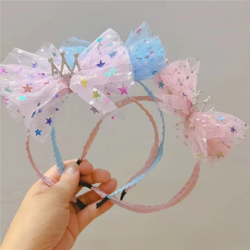 

5pcs/Lot Cute Crystal Crown Mesh Yarn Hairband for Girl Sequin Hair Bows Headband Solid Color Princess Hair Hoop Hair Accessorie