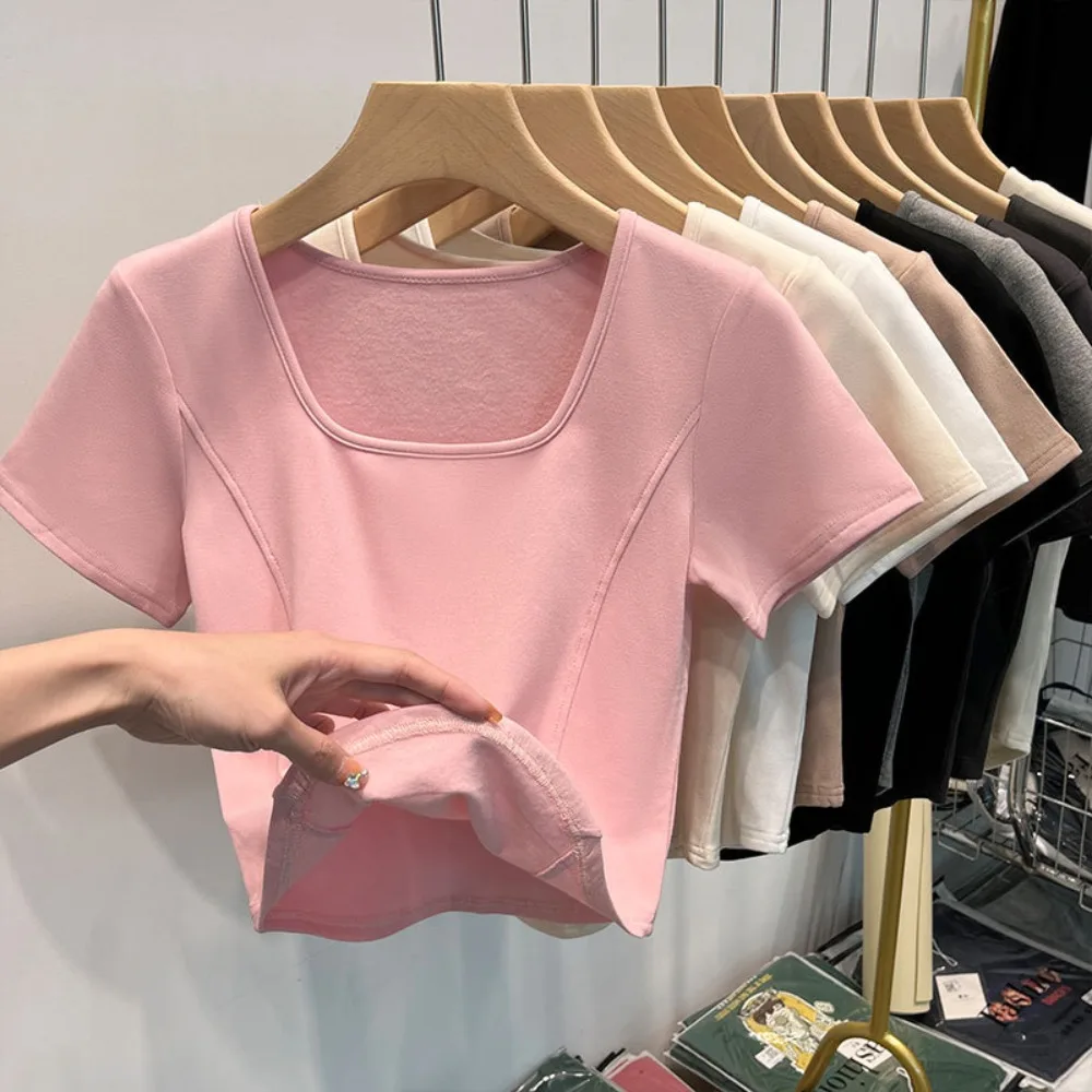 Fashion Summer Square Neck T-shirt Sweet Simplicity Slim Top Casual Trendy Short Top Female 4