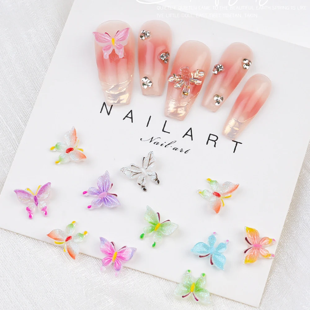 

50pcs Glitter Butterfly Nail Art Charms 3D Resin Gradient Shiny Cute Butterfly Nail Art Decoration Summer DIY Nail Accessories