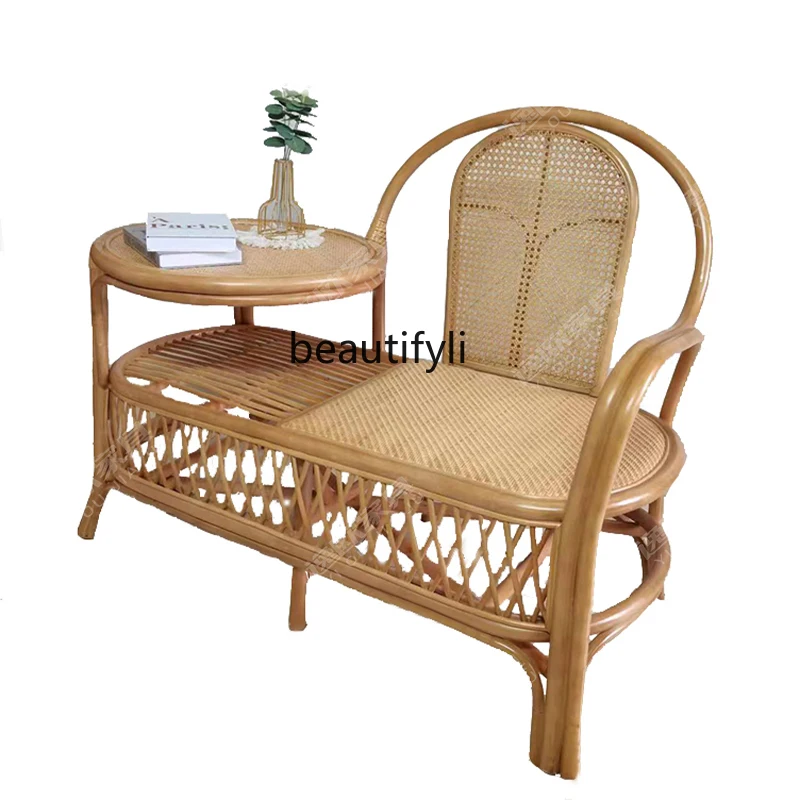 

Retro Style Rattan Woven Single-Seat Sofa Chair Coffee Table Integrated Home Balcony Recliner Telephone Chair Small Apartment