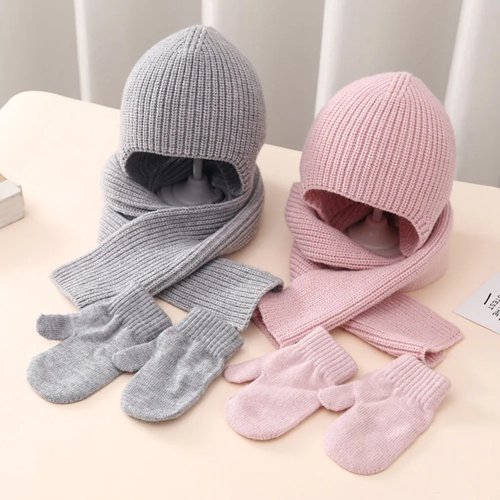 Children's Winter Outdoor Earmuffs Knitted Wool Hat Scarf Gloves Set For Kids 0-3 Years Boys Girls