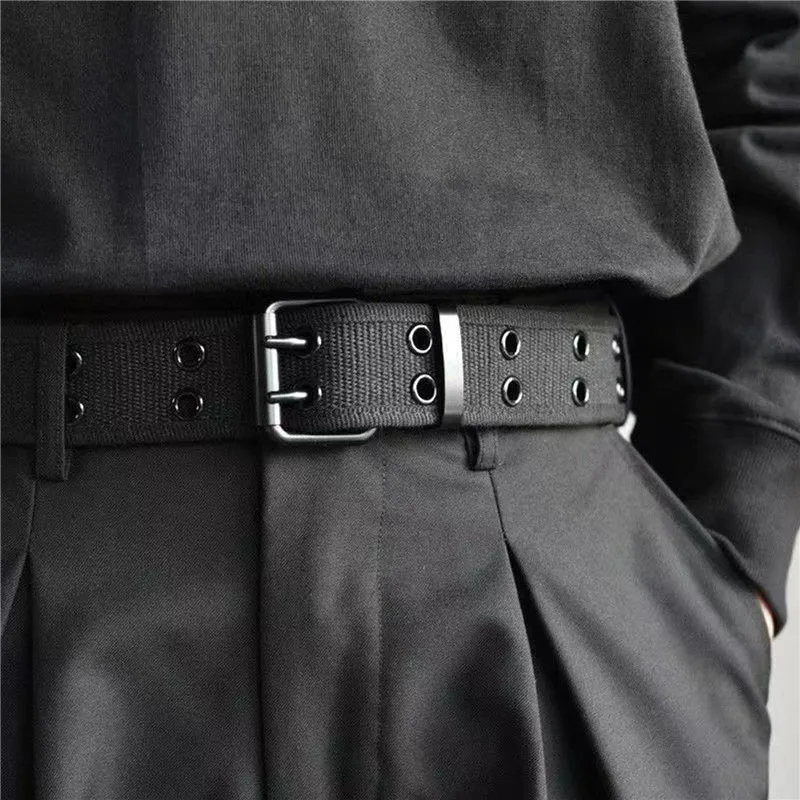 

British Style Men Canvas Weaving Belt With Hole Male Waist Belt For Suit Pants Jeans Trousers Alloy Double Pin Buckle Waistband