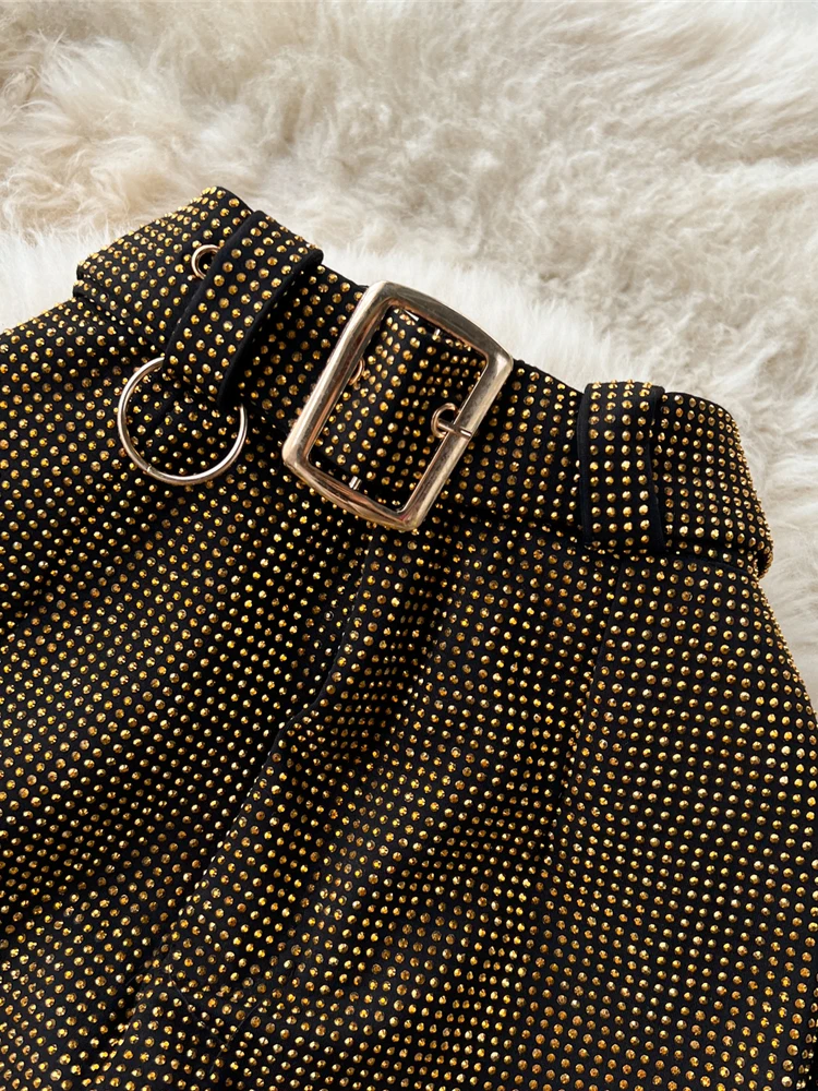 Autumn Winter Women Brown/Gray/Black/White Diamonds Long Pants Elegant Bling Shining Trouser High Waist Wide Leg Pants Femme New