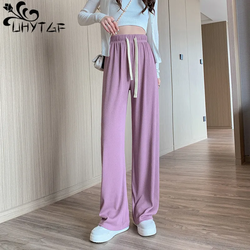 

UHYTGF Ice Silk Wide Leg Pant Women Spring Summer New Elastic Waist High Waist Loose Straight Cylinder Women Thin Casual Pant207
