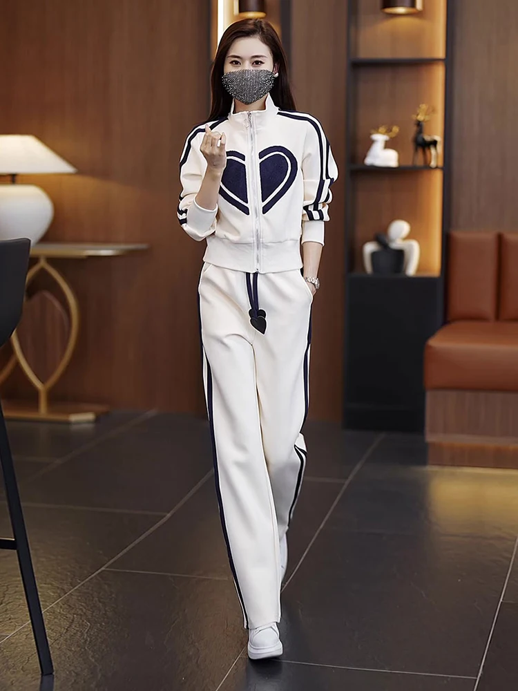 

Autumn Cardigan Zipper Sweatshirt Wide Leg Pants 2 Piece Set For Women 2023 Spring Streetwear Casual Sports Run Tracksuit Set