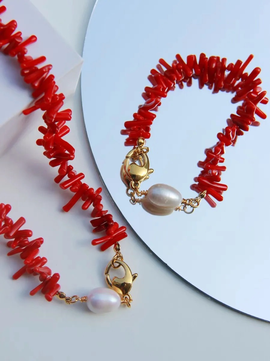 New Original Design Irregular Red Coral Necklace Bracelet Set Freshwater  Pearl Advanced Clavicle Chain - Necklace - AliExpress