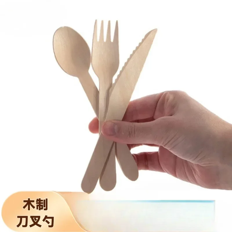 Biodegradable Disposable Knife, Fork, Birch Wood, Disposable Biodegradable Western Dessert, Ice Cream Knife, Fork, Spoon