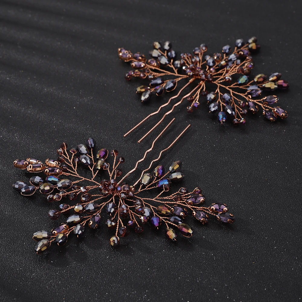 Trendy Rhinestone Crystal Bridal Hair Pins Handmade Purple Women Wedding Hairpins Accessories Silver Brides Jewelry Headpiece