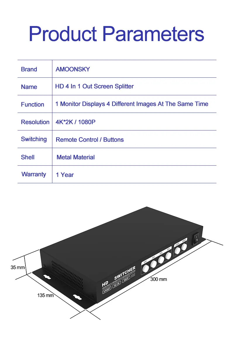 AMS-QMV H4 4K LED Video Splitter HD Quad Multi Viewer 4 In 1 Out Advertise Screens Switcher Divider Video For HD Converter