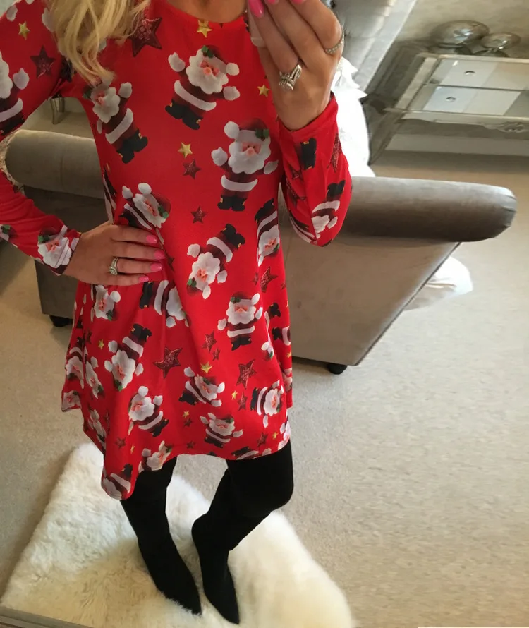 

2024 Spring Christmas Women‘s Short Dress Print O-neck Long Sleeve Loose Dresses Female New Casual Holiday Fashion Lady Clothes
