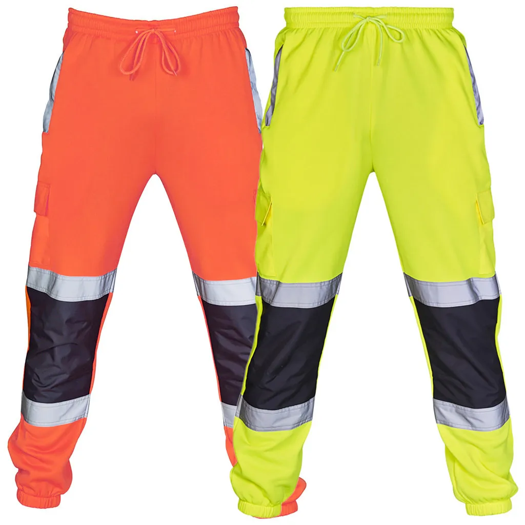 

Мужские рабочие джоггеры, рабочая одежда в стиле пэчворк, Униформа, защитные тренировочные брюки, полосатые Светоотражающие Брюки, свободные мужские брюки для бега