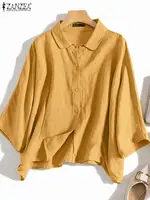 ZANZEA Summer Fashion Lapel Neck Shirt Women Elegant 3/4 Sleeve Blouse Work Buttons Down Tops Tunic Female Casual Loose Blusas - Image 2