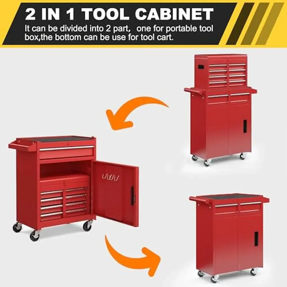 5-Drawer Rolling Tool Chest with Detachable Top Box Lockable Wheels Heavy Duty Metal Cabinet Kit Tools Portable Storage Solution 6