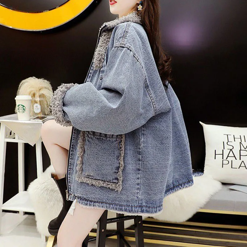 

Fleece-Lined Thick Denim Jacket Women's 2024New Winter Oversized Parka Fashion All-Match Jeans Coat Female Loose Korean Overcoat