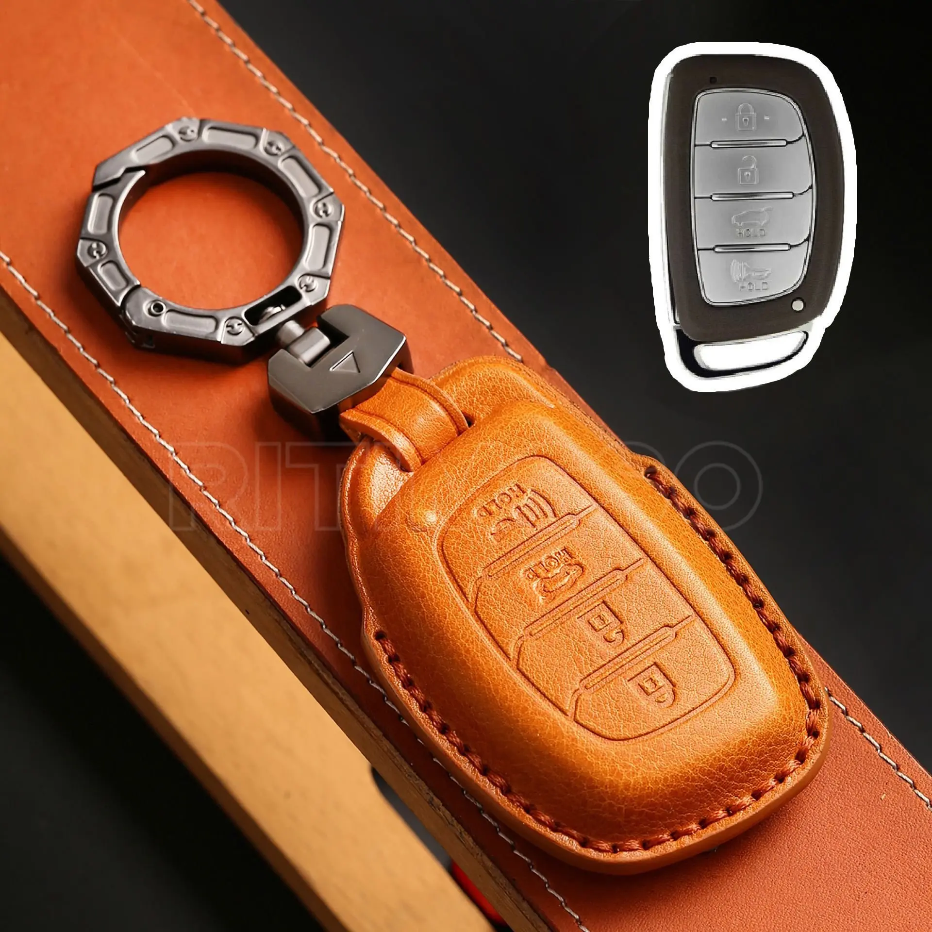 3 4 Buttons Leather Car Key Case Cover For Hyundai Tucson Santa Fe