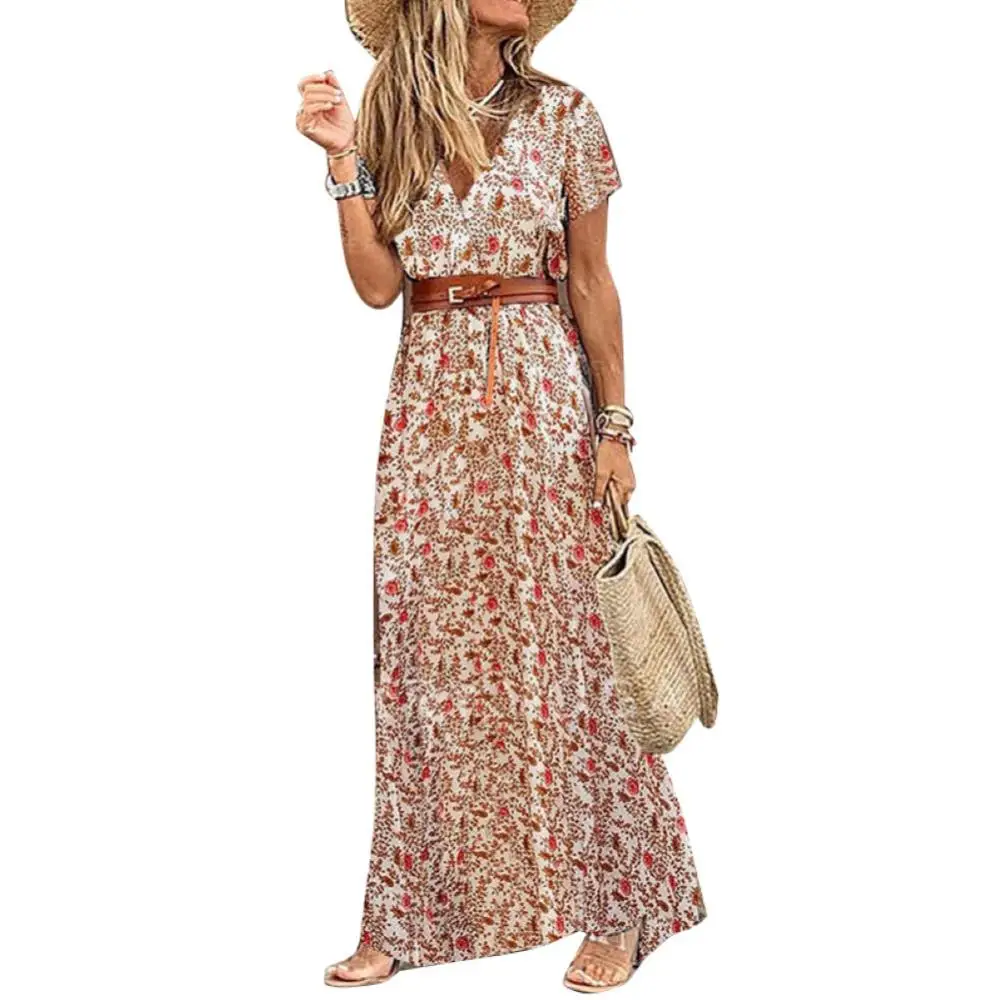 

Beach Style Dress for Women V Neck Short Sleeve Paisley Floral Print Belt Large Hem Long Maxe Dress female