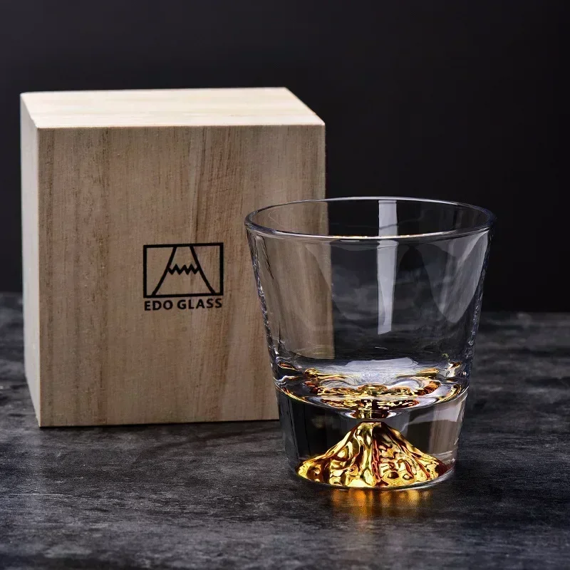 250ML japan mt fuji shaped old fashioned whiskey glass cup lead-free wine cups with wooden gift box for Liquor Scotch Bourbon