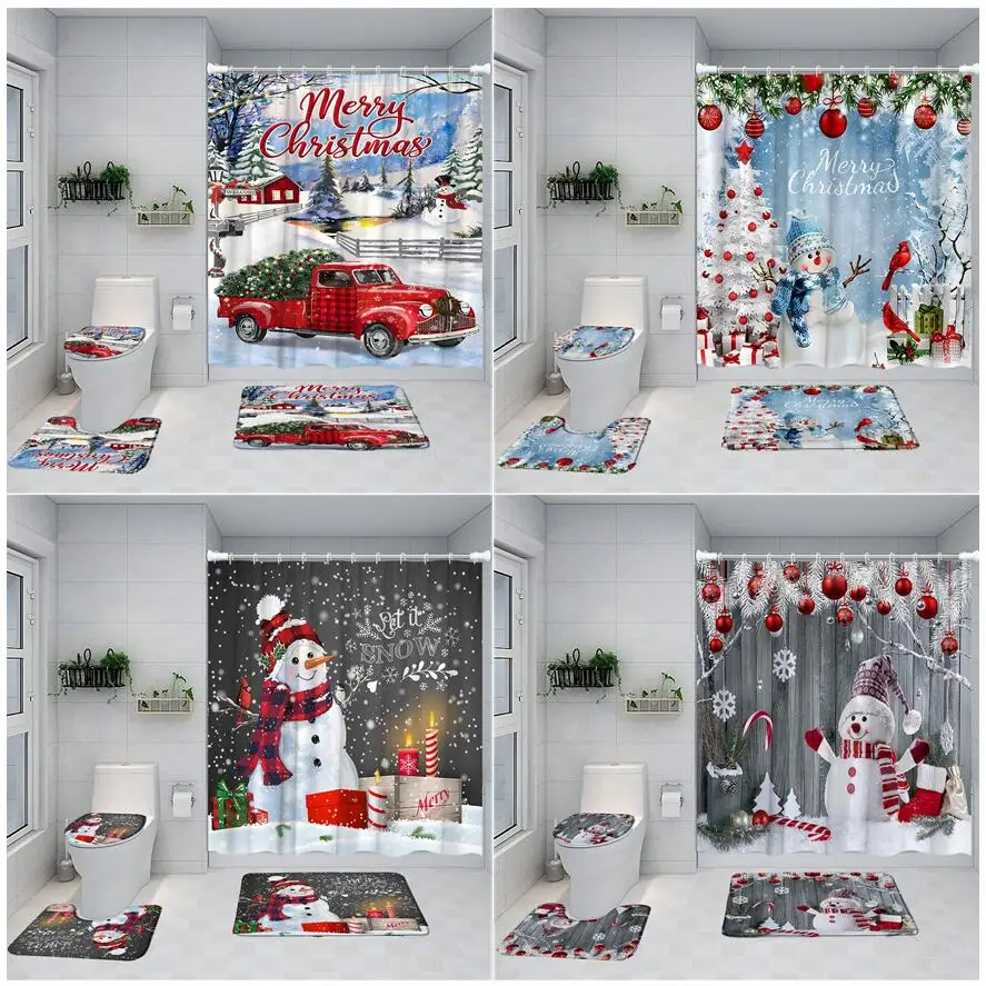 

Christmas Shower Curtains Set Snowman Xmas Trees Red Truck Fir Branch New Year Bathroom Decor Non-Slip Rugs Bath Mats Toilet Lid