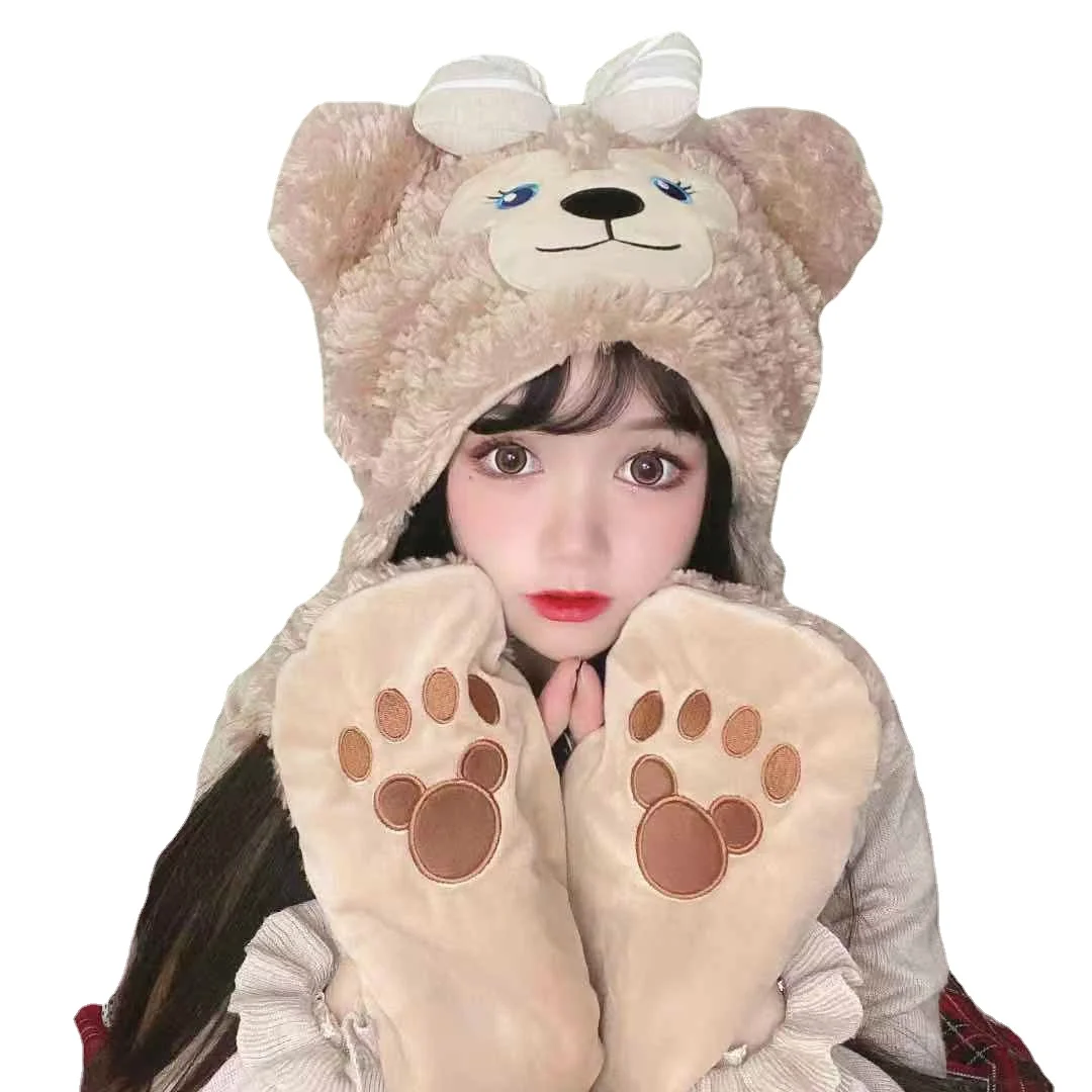 kids 3 in 1 warm plush winter hat cute bowknot bear ears scarf gloves hoodie cap Rabbit Ear Scarf 3 In 1 Soft Furry Rabbit Ear Scarf For Winter Warm Hooded Scarf Headscarf Neckwarmer Hoodie Hat With Gloves