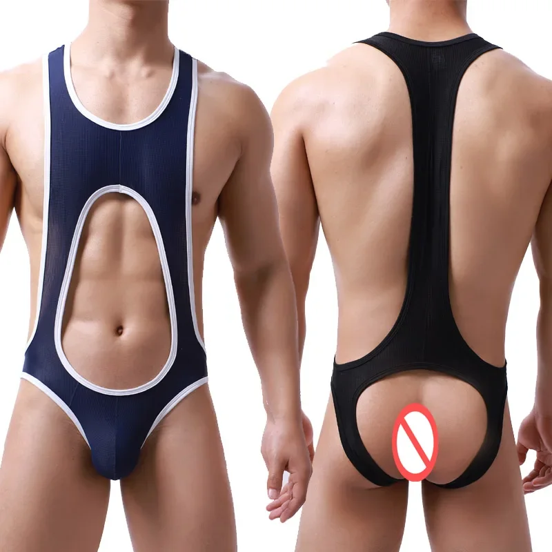 Men Sexy Mesh Bodysuit Bodywear Penis Pouch Underwear Mens Wrestling Singlet Leotard Jumpsuits Suspender Open Butt Undershirts