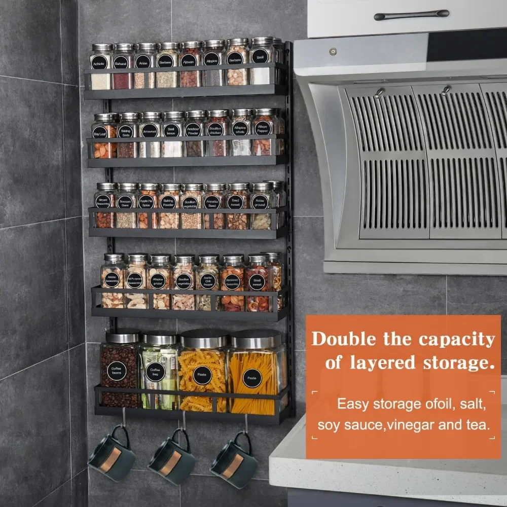 Wall Mount Spice Rack Organizer 5 Tier Height-Adjustable Hanging Spice Shelf Storage for Kitchen Pantry Cabinet