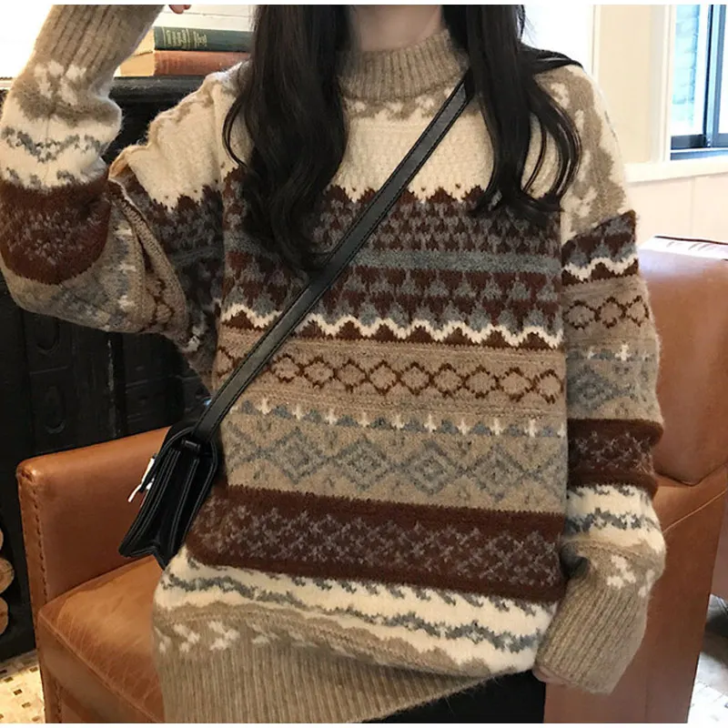 Women Vintage Patchwork Knitted Pullover Sweater O-Neck Long Sleeve Striped Ladies Jumpers Loose Casual 2021 Female Preppy Style christmas sweatshirt