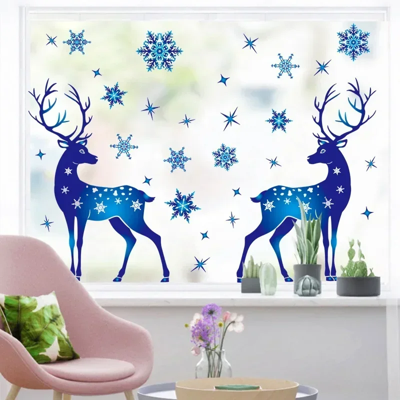 Christmas Glass Films Window Static Cling Sticker Blue Snowflake Sticker Xmas Deer Elk Glass Decorative Stickers
