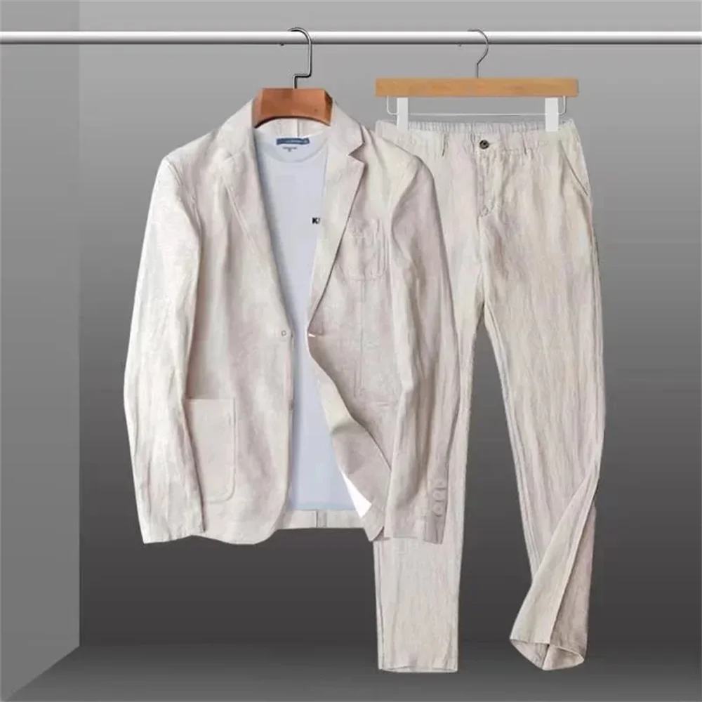 Spring/Summer New Men's Linen Set Loose Ultra thin Breathable Comfortable Business and Leisure Two Piece Suit Coat