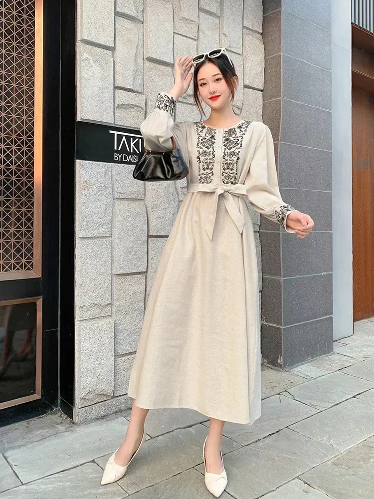 Robe Longue Femme En Coton/lin - Style Boho, Col V à Volants - Manches Longues - Couleur Automne - Pour Vacances, Casual - 13