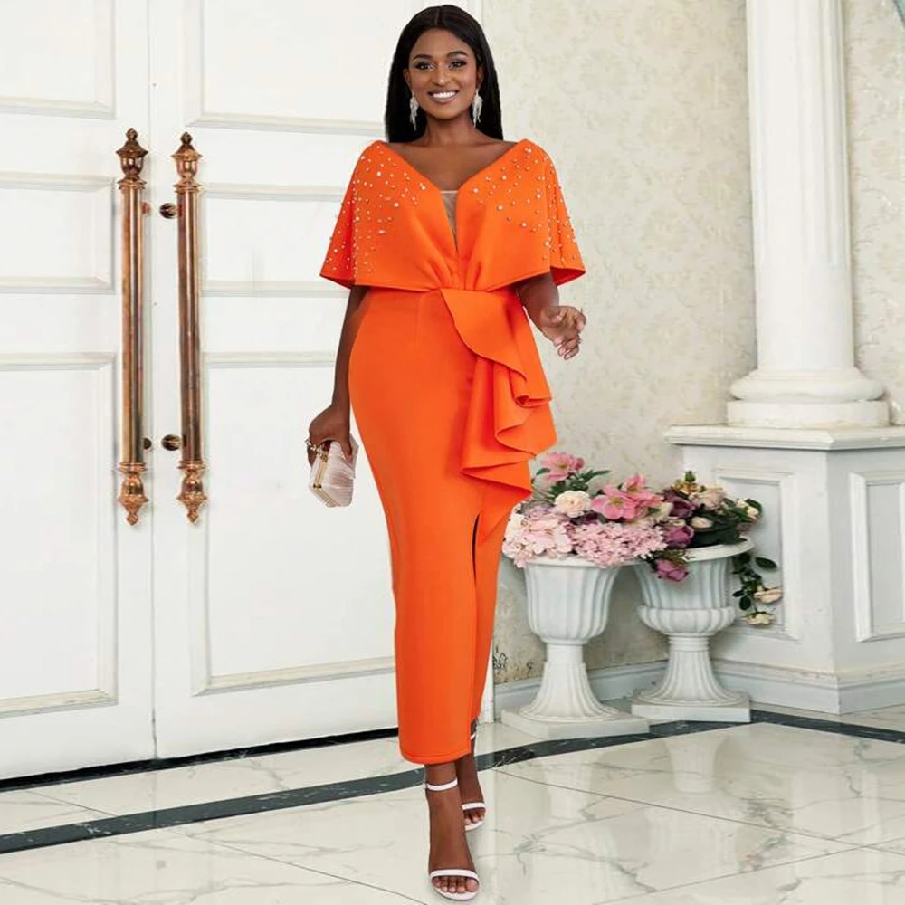 

Shiny Orange Long Evening Dress For Black Girls Straight Half Sleeves Chic Pearls Spandex Plus Size Prom Party Gowns Wholesale
