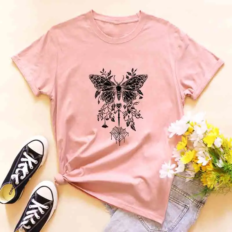 Pentagram Moth and Spider Web T-shirt, Cute Yet Eerie Y2K Pastel Gothic Style, Pastoral Dark Preppy Style Alternative Punk Style 2