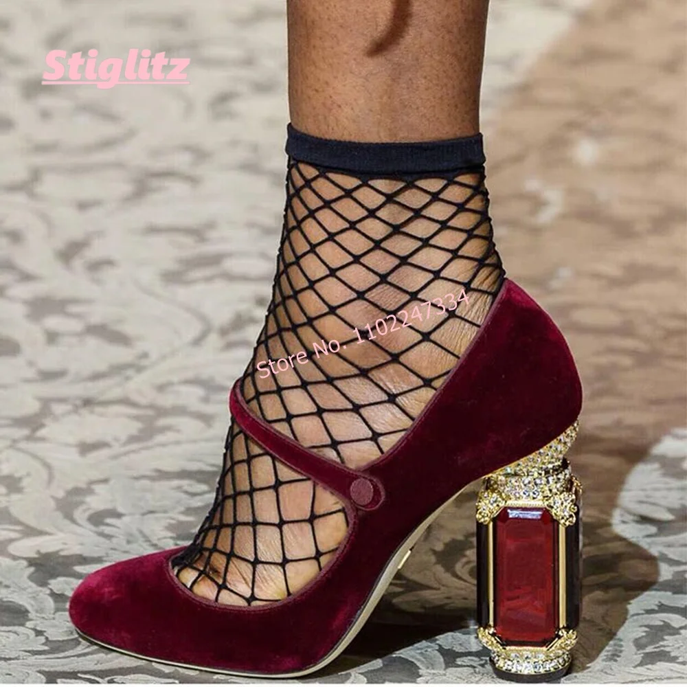

Red Rhinestone Jewel Heel Pumps Women's New Solid Suede Luxury Brand Round Toe Buckle Retro Catwalk Shoes For Free Shipping