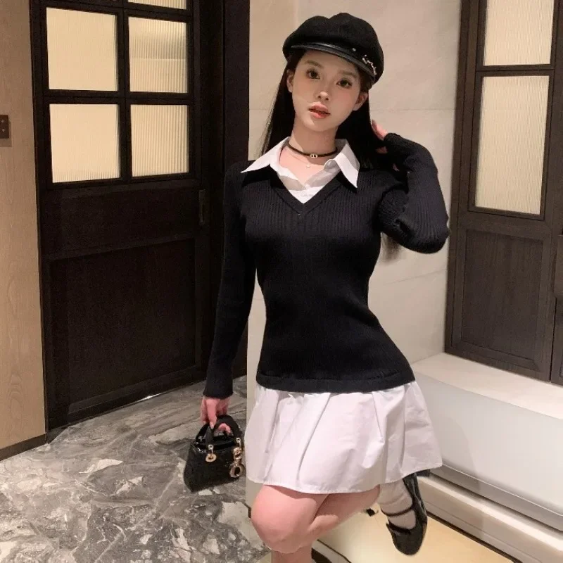 

Spring Autumn Preppy Style Fake Two Pieces Mini Knit Shirts Dress Women 2000s Aesthetic Vintage Long Sleeve Casual Slim Dresses