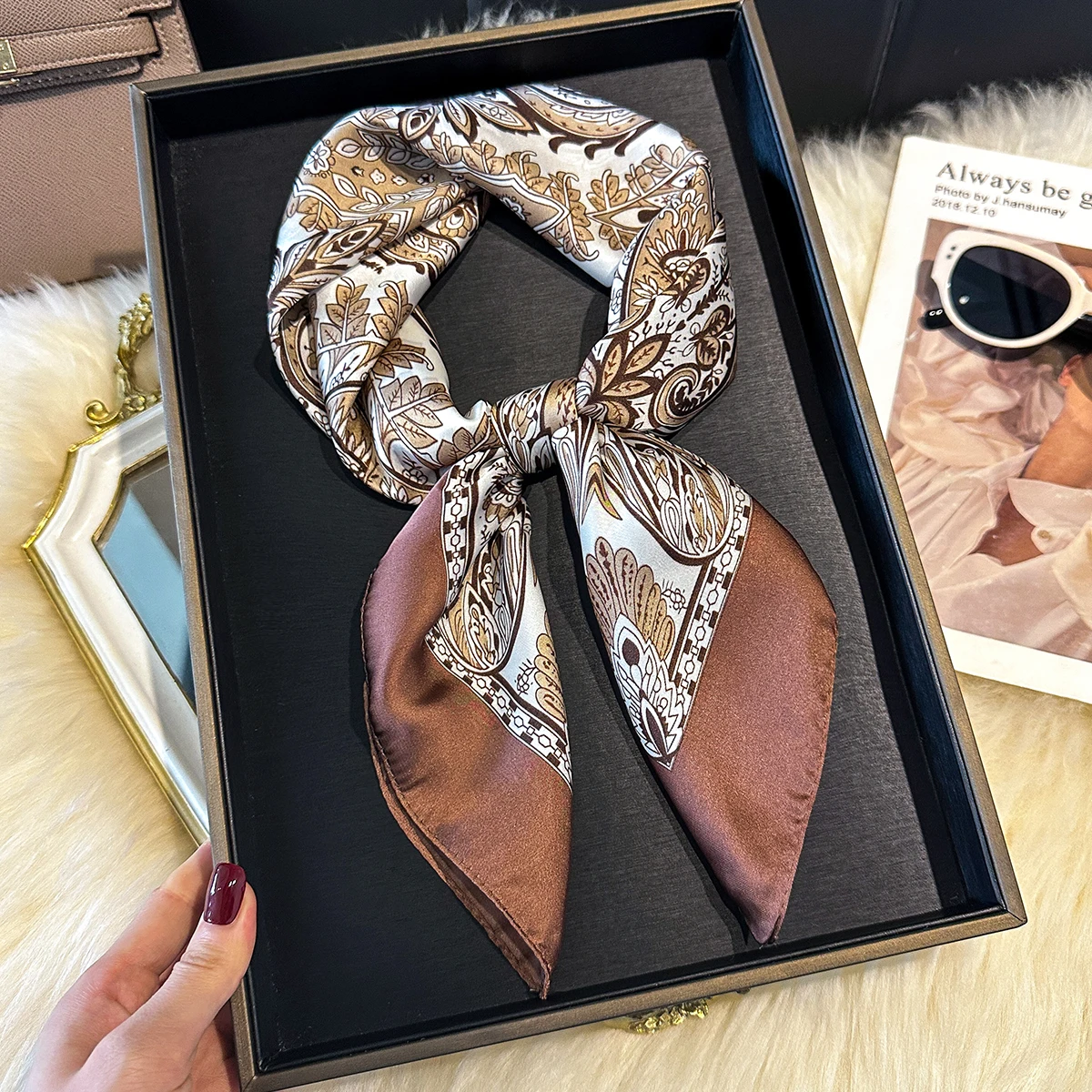 2025 Luxury Paisley Print Women's Satin Square Scarf Ladies Imitation Silk Scarf Breathable Windproof Fashion Accessory