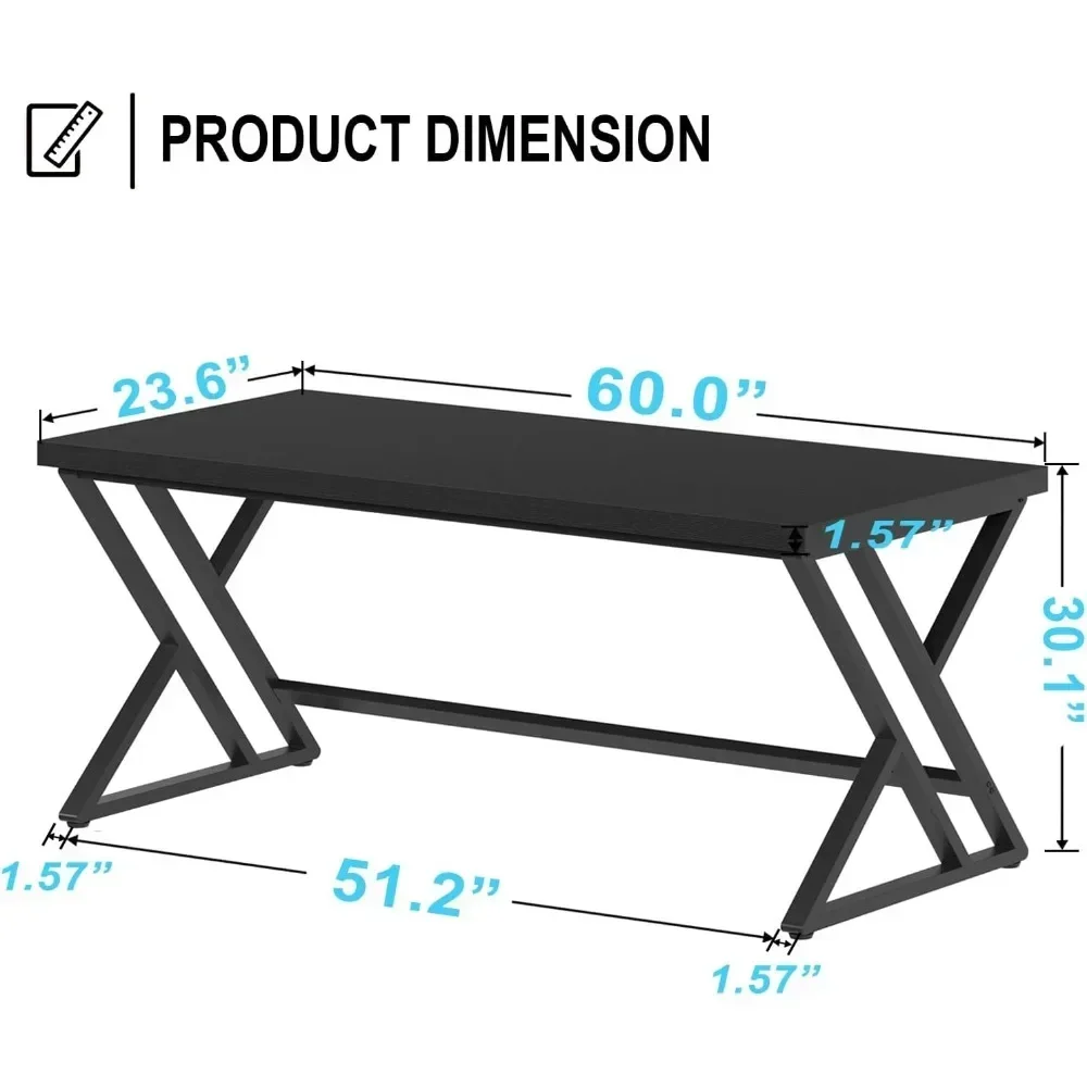 contemporary black desk for adults: spacious industrial office desk with metal and wood, ideal for studying and computing