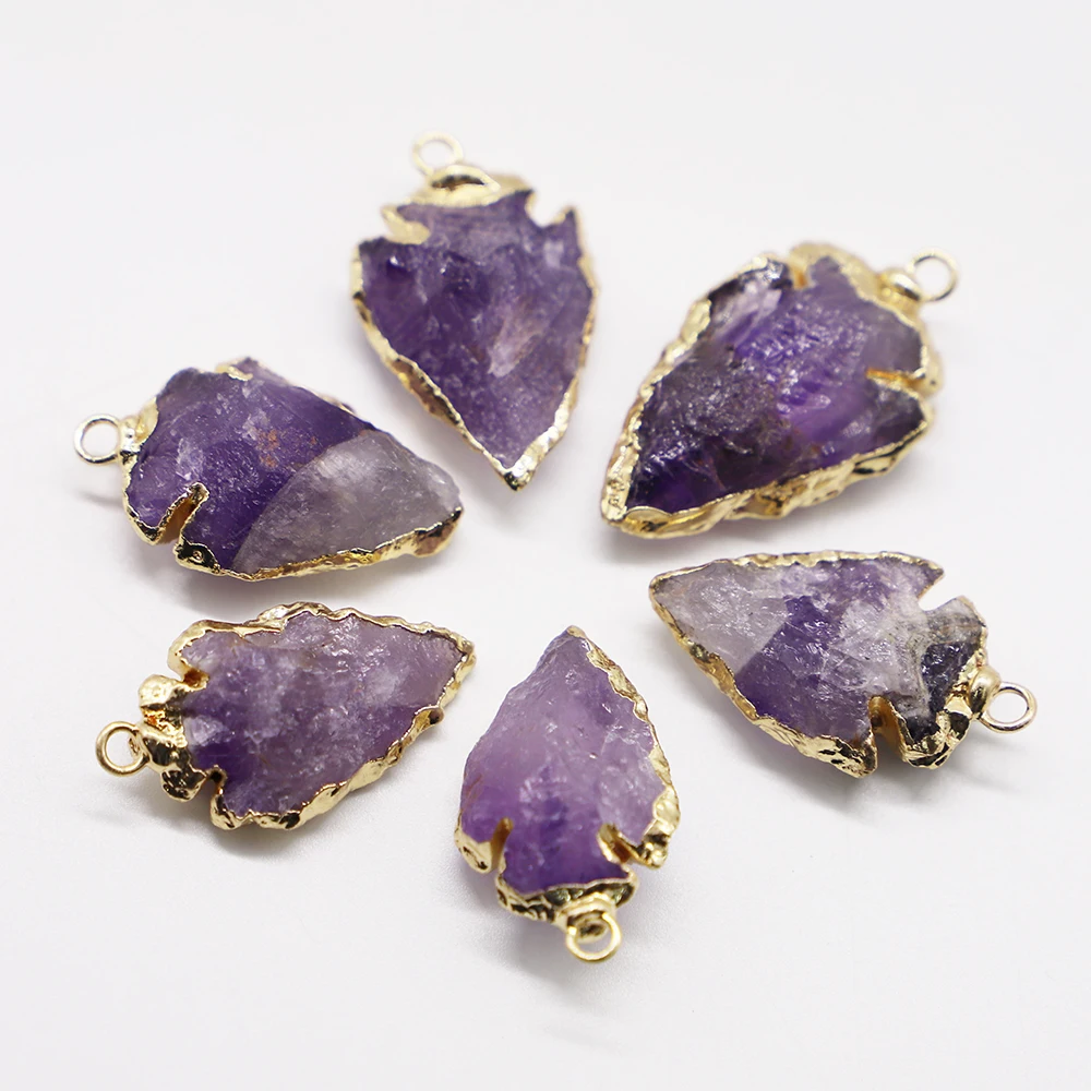 New Boutique Raw Ore Natural Stone Amethyst  ArrowHead Pendants Rough For Healing Point Charm Necklace Jewelry Accessories 6Pcs