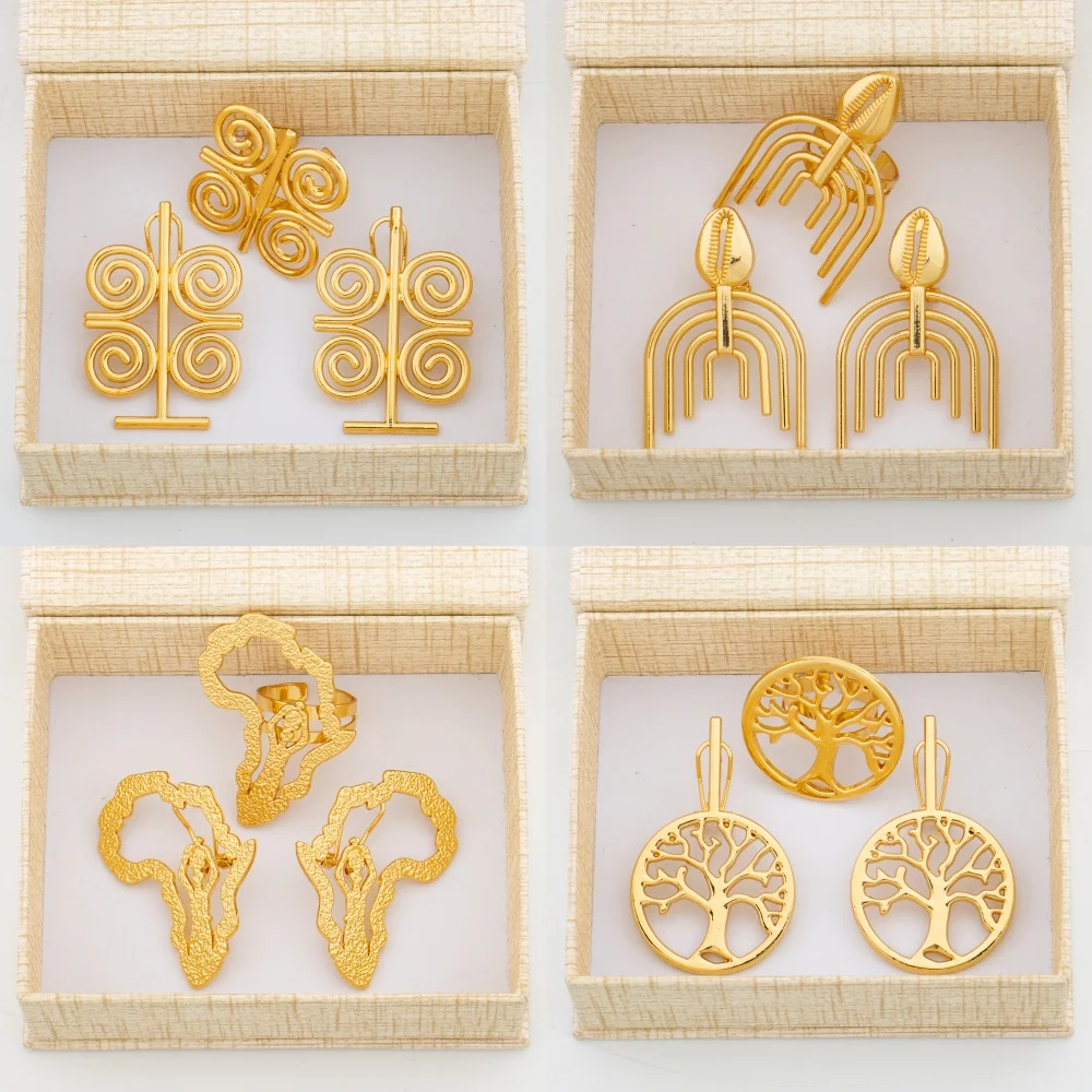 Earrings and Ring Jewelry Set with Gift Box African Gold Color Clip Earrings with Finger Ring Weddings Bride Jewelry Accessories