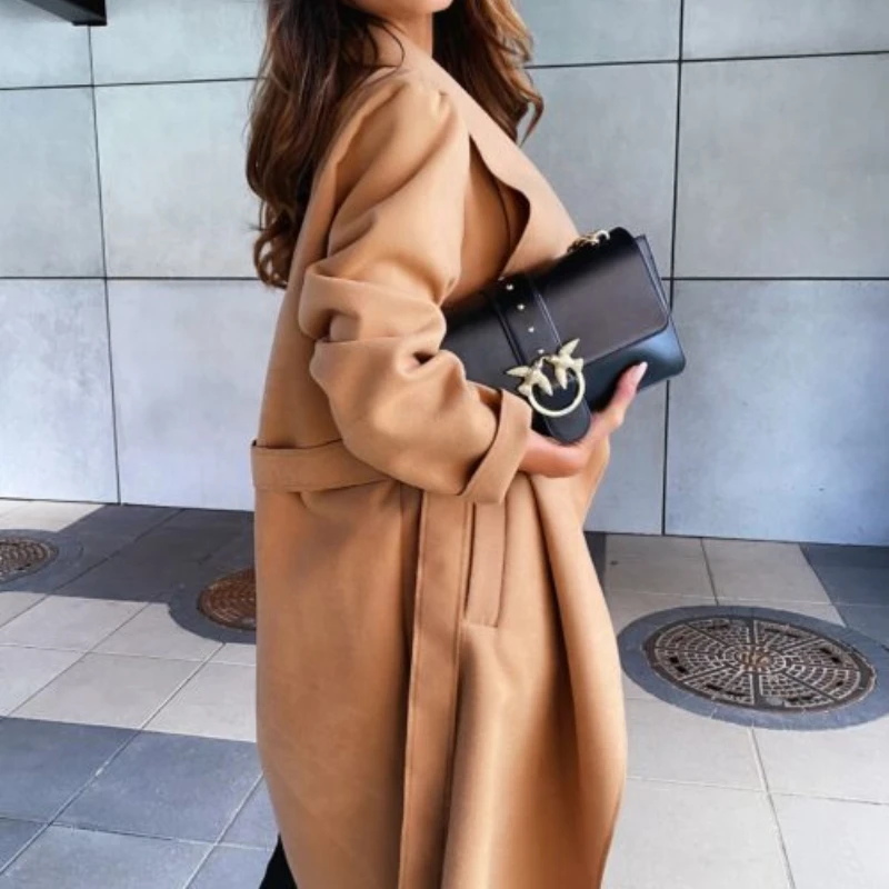 European and American Autumn and Winter  Fashion Solid Color Lapel Long-sleeved Tie Cardigan Woolen Coat Women's Clothing