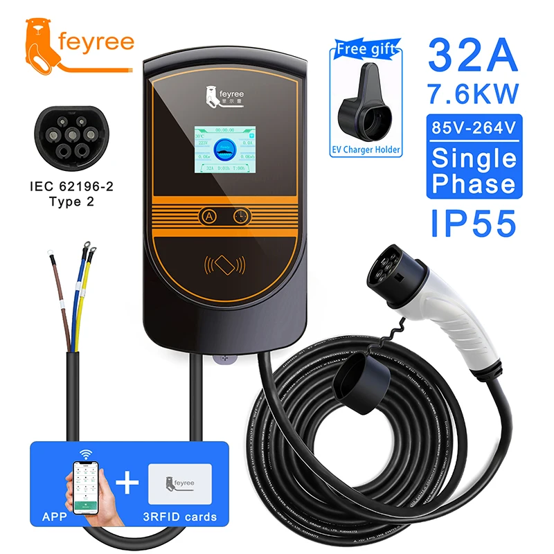 Evse Wallbox 7.6kw 32a Type 2 Cable Ev Car Charger Wallmount Electric