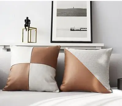 

Modern and minimalist faux leather splicing pillow cover, European style technology fabric cushion cover, sofa cushion cover