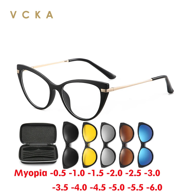 

Женские солнцезащитные очки для близорукости VCKA, кошачий глаз 6 в 1, поляризационные очки с магнитной застежкой, очки по рецепту на заказ, 2024 ~-10, 0,5
