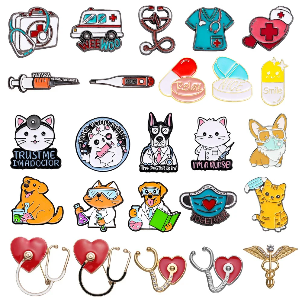 

Medical Metal Brooch Needle Tube Stethoscope First Aid kit Cat Nurse Dog Doctor Animal Patient Medical Badge Punk Pins Jewelry