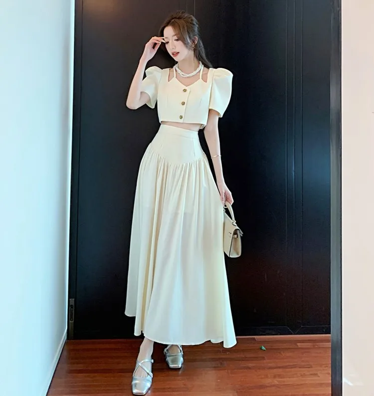 

New French Vintage Small Fragrance Two Piece Set Women Puff Sleeve Short Shirt Top+Long Skirt Suits Elegant Fashion 2 Piece Sets