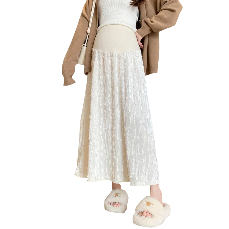 Spring Maternity Lace Skirts High Waist Fashion Embroidery Pregnant Woman A-line Skirt Long Loose Pregnancy A-line Skirt