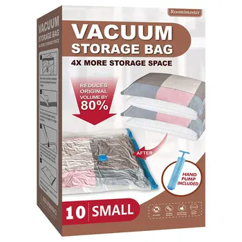 Vacuum Storage Bags 10 Small, Space Saver Seal Bags for Clothing Blankets Comforters Pillows Bedding Travel Luggage Carry-On