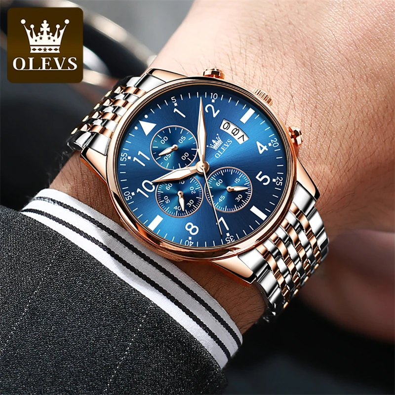 OLEVS Sport Chronograph Quartz Watch for Men Stainless Steel Waterproof Luminous Mens Watches Top Brand Luxury Relogio Masculino