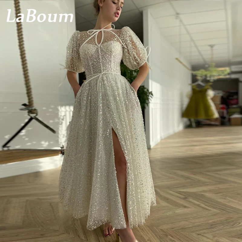 

LaBoum Elegant Wedding Dresses for Women O-neck Sequined Floral Split A-line Modern Bridal Gowns Robe Mariage vestido de novia