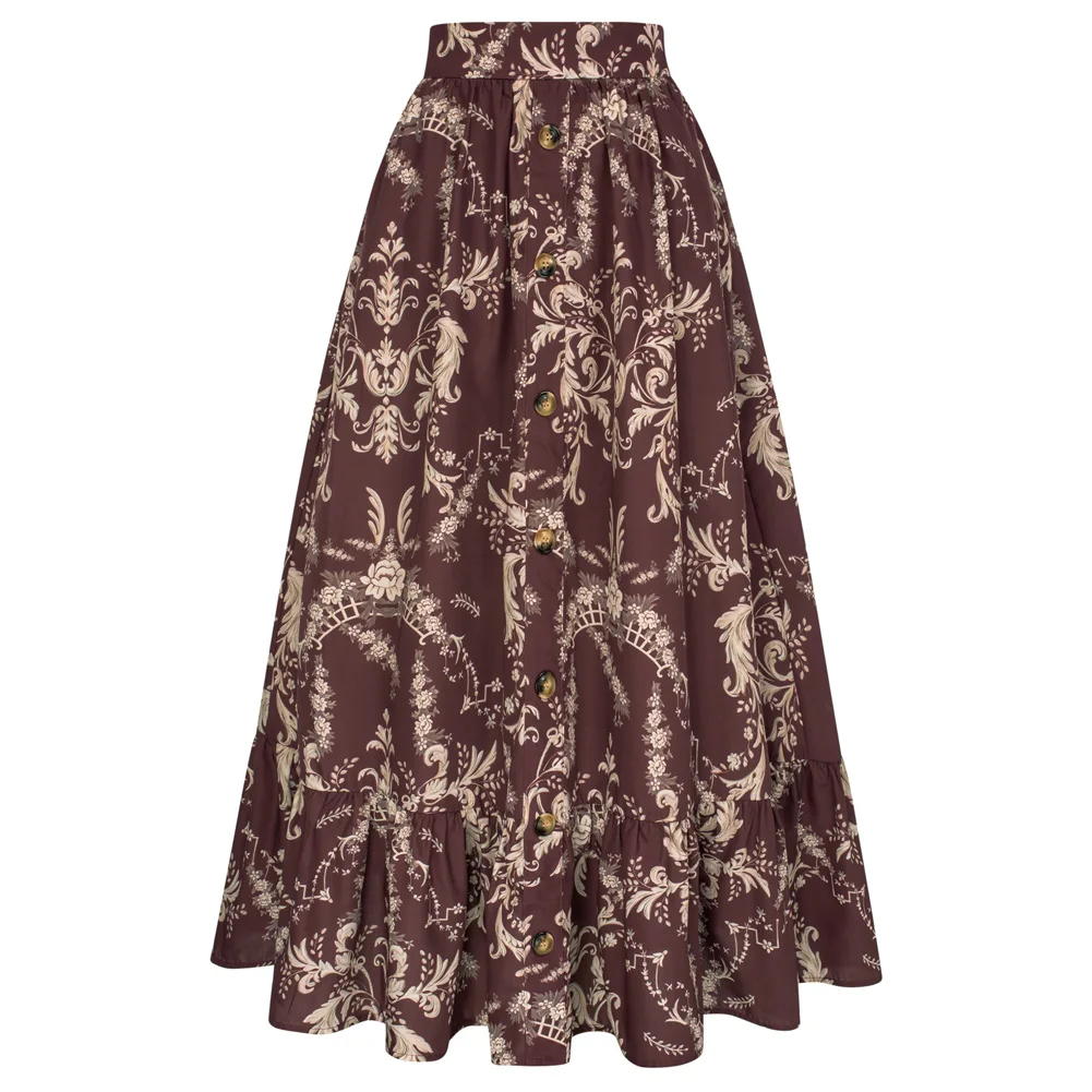 SD Women Floral Maxi Skirts Button Vintage Skirt Long Boho Skirt With Pockets Elastic High Waist Ruffled Hem Long Skirt A30