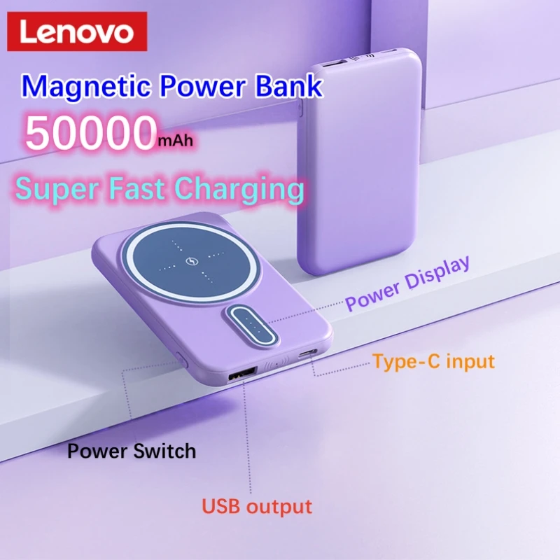 Power Bank Lenovo 50000mAh Wireless Magnetic Super Fast Charging Portable Battery Charger For iPhone Huawei Samsung